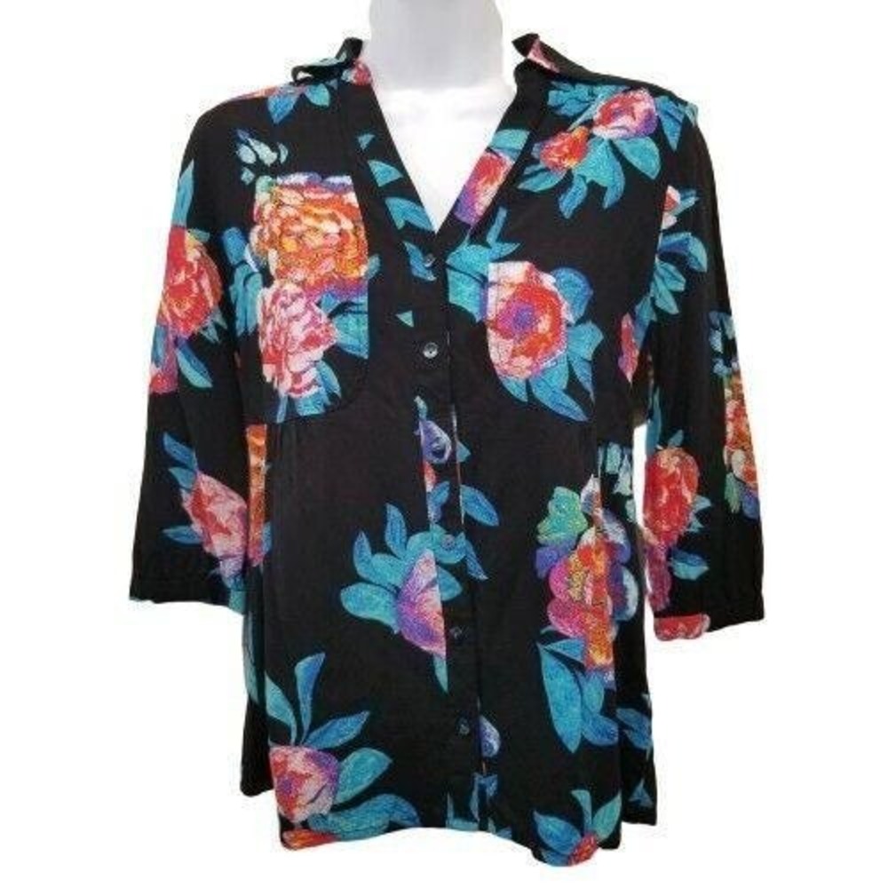 Maeve 2P Top Black Blue Floral Button Down Anthropologie WOODLAND WALK Coquette